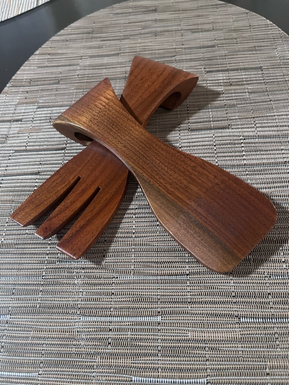 Vintage Midcentury Modern Wooden Salad Hands Set - Warm Brown